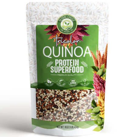 "An image of a package of Herbal Choice Tri-color Quinoa. The package features a clear, easy-to-read label with the product name and a vibrant image of tri-color quinoa grains. The background is clean and white, emphasizing the product's freshness and quality."